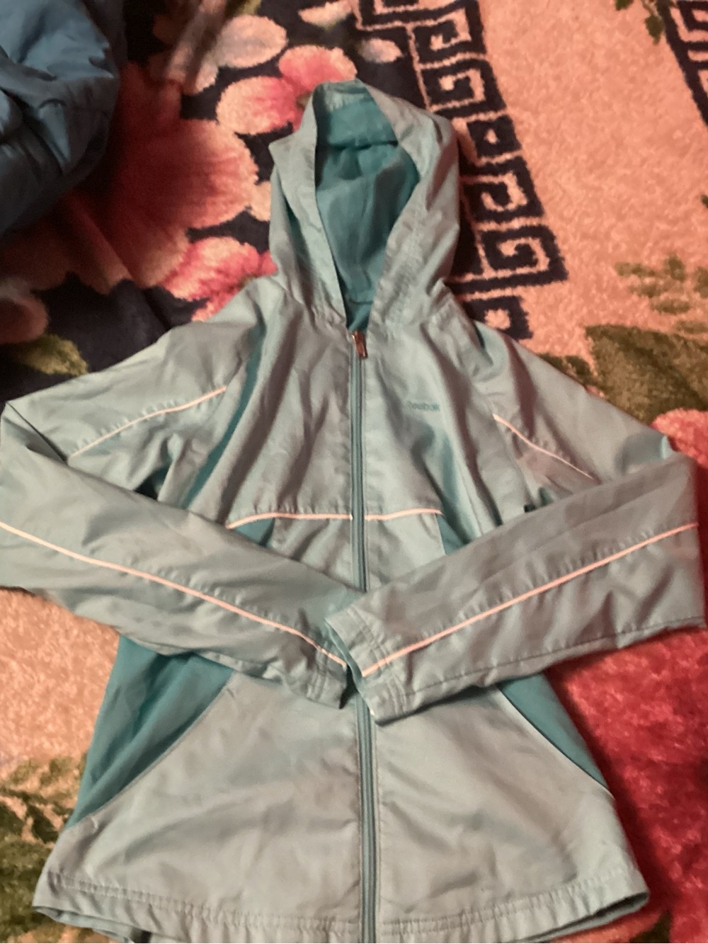 Reebok Teal Hooded Kids Rain Jacket with Reflective Piping
